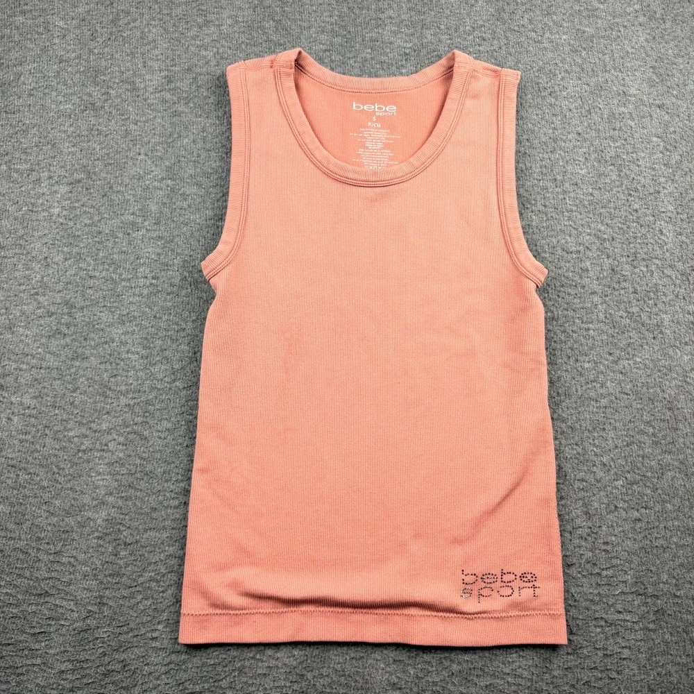 Bebe Sport Pink Women's S Small Ribbed Rhinestone Logo‎ Tank Top